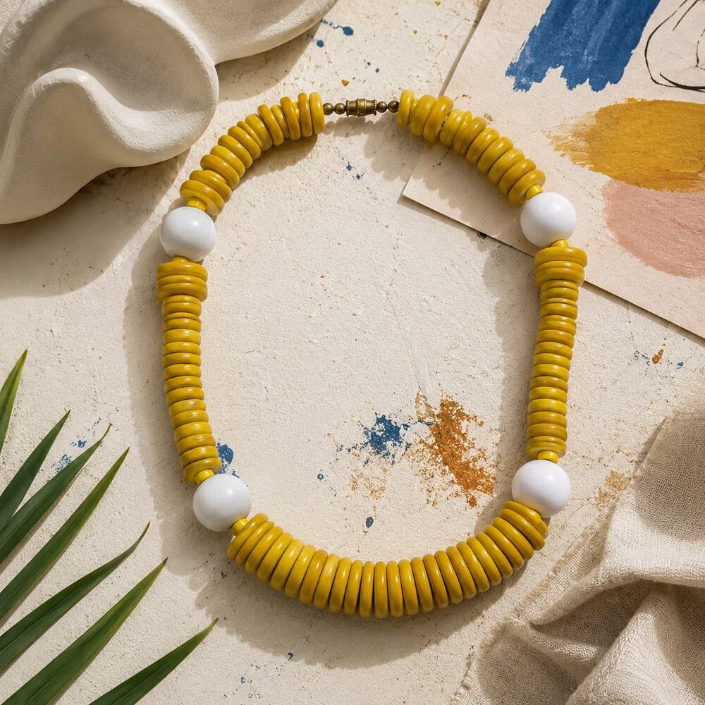 Vintage 80s/90s Yellow Wood Bead Statement Necklace Boho Retro Chunky Jewelry
